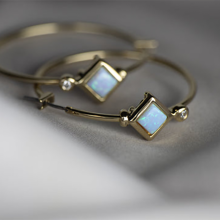 John Medeiros : Opalas do Mar Collection - Blue Diamond Opal Hoop Earrings - Gold - (Assorted Size Option)