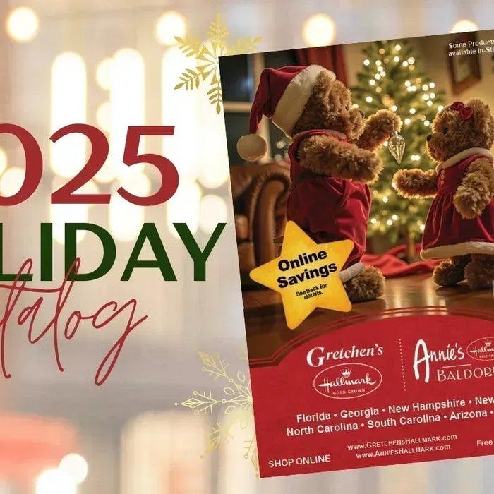 Banner of Gretchen's Hallmark 2025 Holiday Catalog featuring festive holiday lights, holly decorations, and an open catalog showing teddy bears dressed in Christmas outfits by a Christmas tree, with coupons and savings offers displayed.