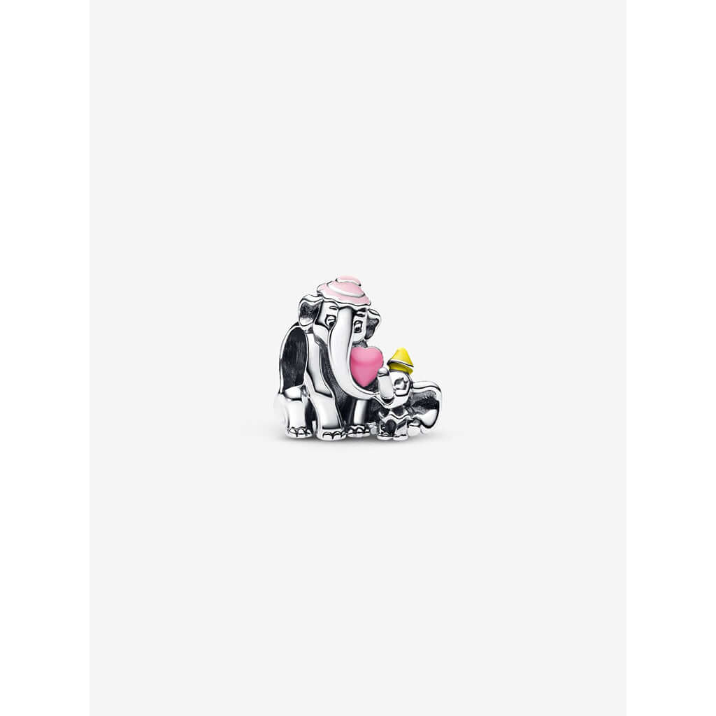 Pandora Dumbo and Mrs. Jumbo charm with a pink heart, pink hat, and yellow hat.