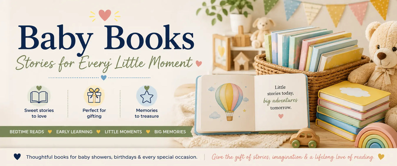 Baby Books collection banner featuring colorful children’s books, a teddy bear, and nursery décor with the text “Baby Books – Stories for Every Little Moment.”