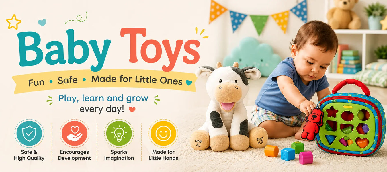Baby Toys collection featuring a plush cow, colorful shape-sorting toy, and a baby playing in a bright nursery setting.