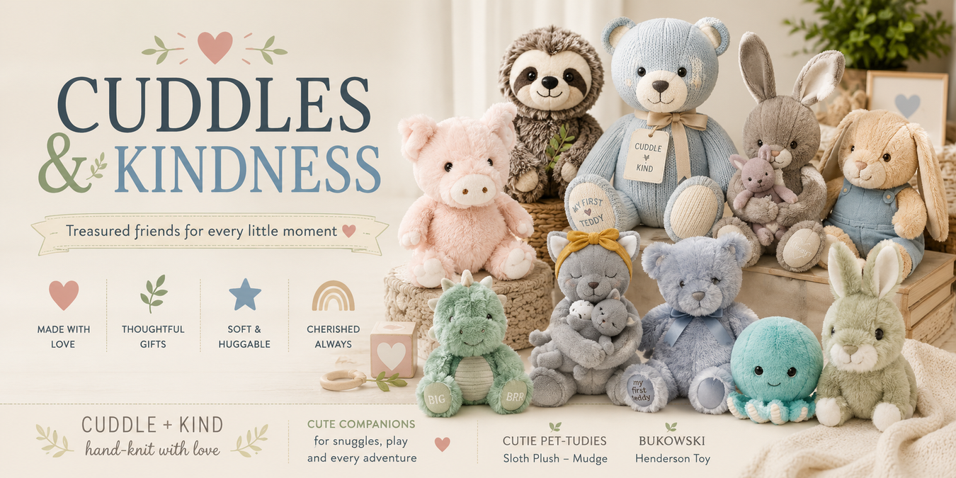 Cuddles & Kindness collection banner featuring a colorful assortment of soft plush animals, including teddy bears, bunnies, pigs, a sloth, dinosaur, cat, and octopus in a cozy nursery setting.