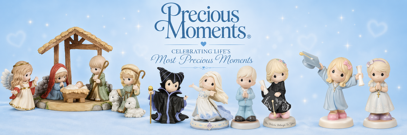 Precious Moments Figurines gift collection featuring faith, love, and graduation figurines on soft blue studio background"