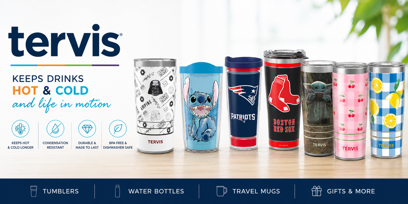 Colorful Tervis insulated tumblers.  We carry many styles and sizes, featuring patriotic, floral, picnic, and licensed character designs, made in the USA"