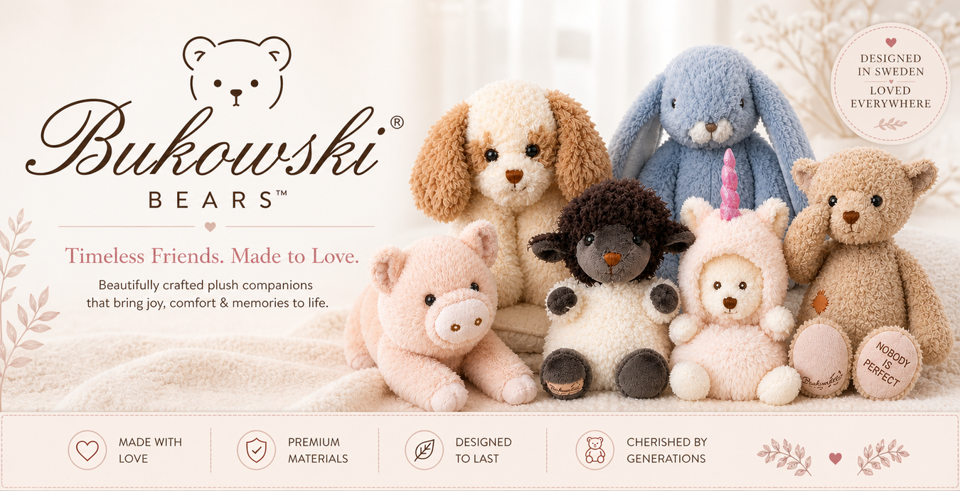 Bukowski Bears collectible plush stuffed animals — teddy bear, bunny, pig, lamb, dog, and unicorn, designed in Sweden"