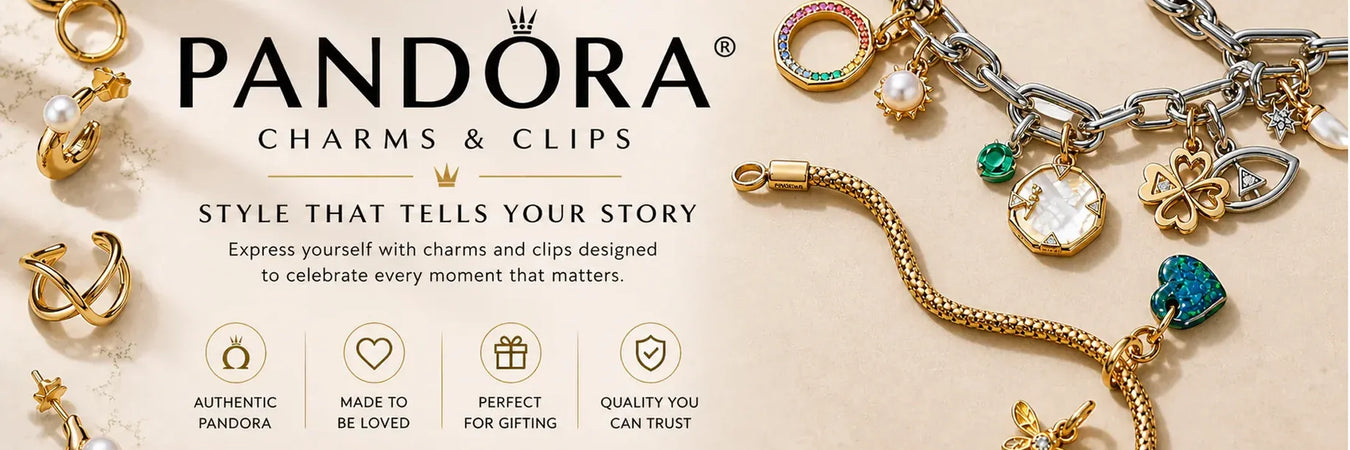 "Pandora Charms & Clips collection — gold and silver charm bracelets with colorful gemstone, pearls, harms"