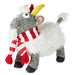 Plush toy goat with a red and white scarf on a white background. Plays sound and had motion. 
