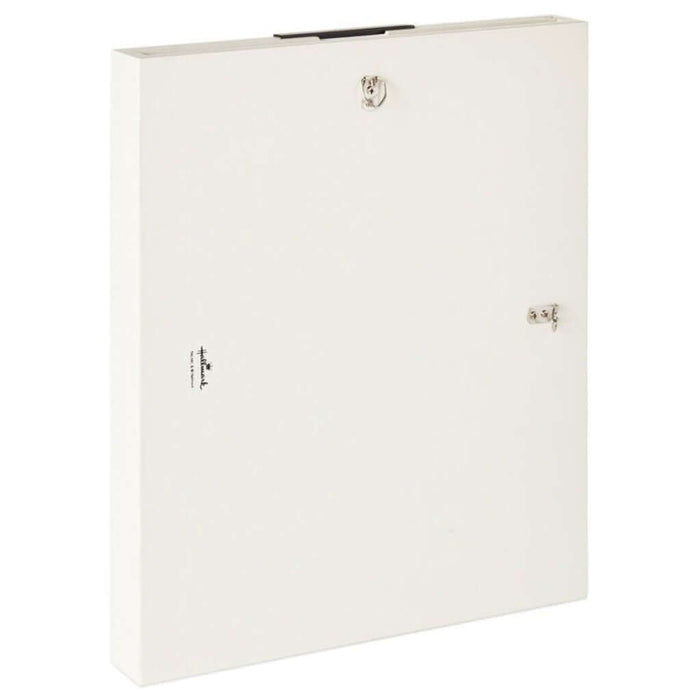 Backside of a white kids picture frame with a visible  Hallmark brand logo on a white background