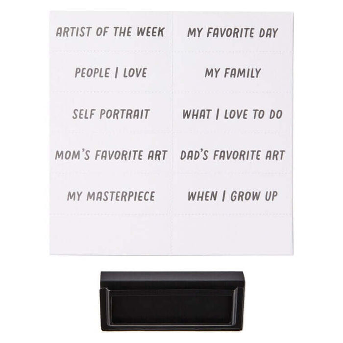 White board with black text and a black frame on a white background
