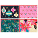 Four decorative cards with festive designs on a white background