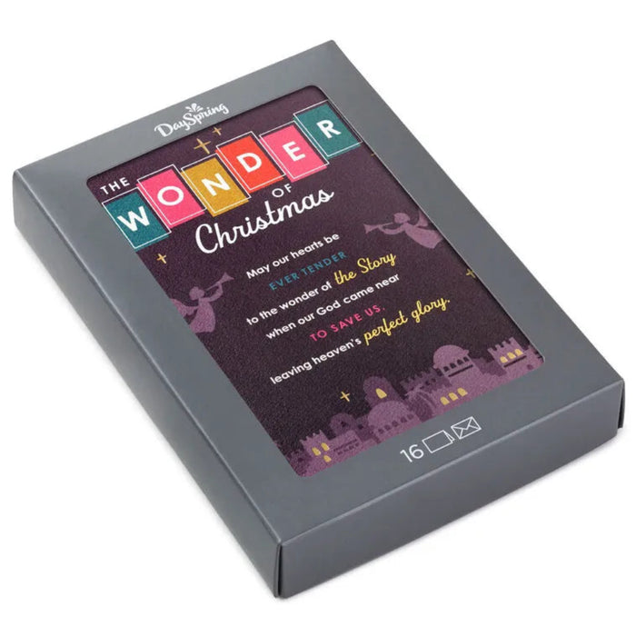 Box of 'The Wonder of Christmas' cards with colorful text and a gray border.