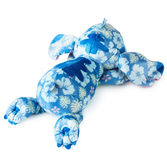  Backside of the Blue  tropical floral-patterned plush toy Stitch  on a white background