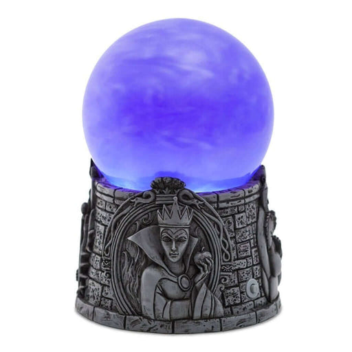 Decorative object with a purple glowing ball on a gray base featuring an engraved Evil Queen face on a white background. 