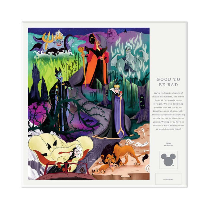 Illustration of animated Disney villains  characters in a fantasy setting with colorful backgrounds.