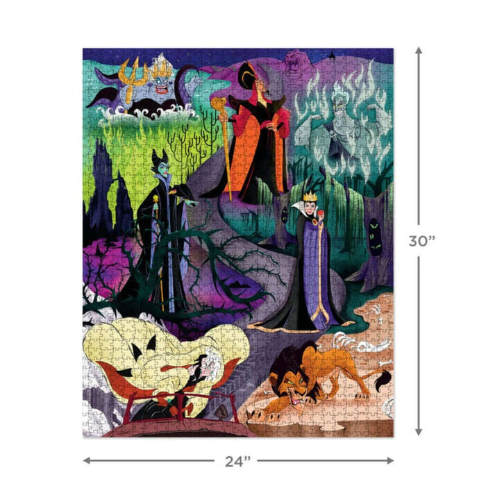 Jigsaw puzzle with  Disney's Villain characters  with dimensions 24" x 30", on a white background. 