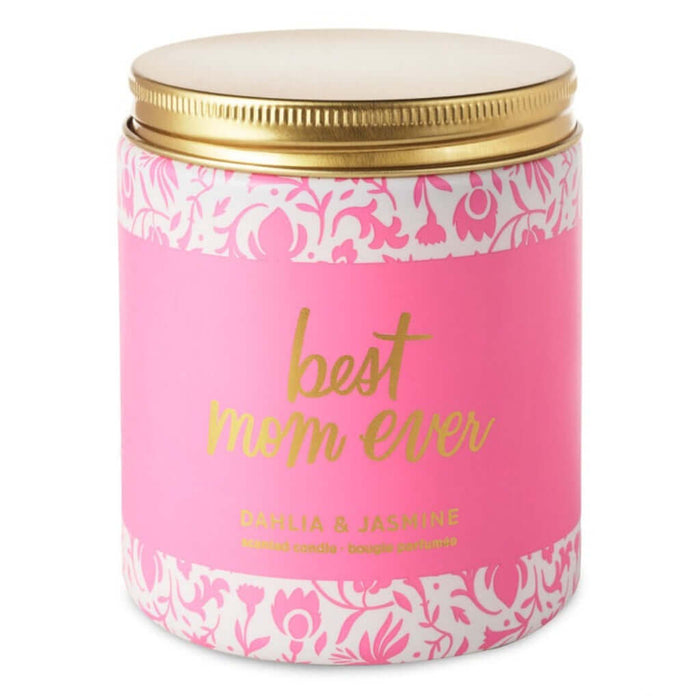 Pink candle jar with gold lid and 'best mom ever' text on a white background