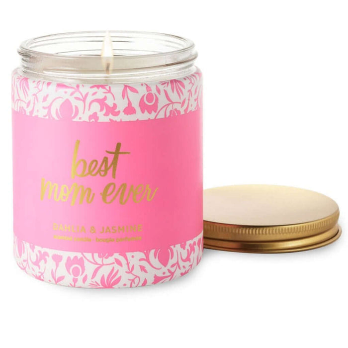 Pink candle jar with 'best mom ever' text and decorative lid on a white background