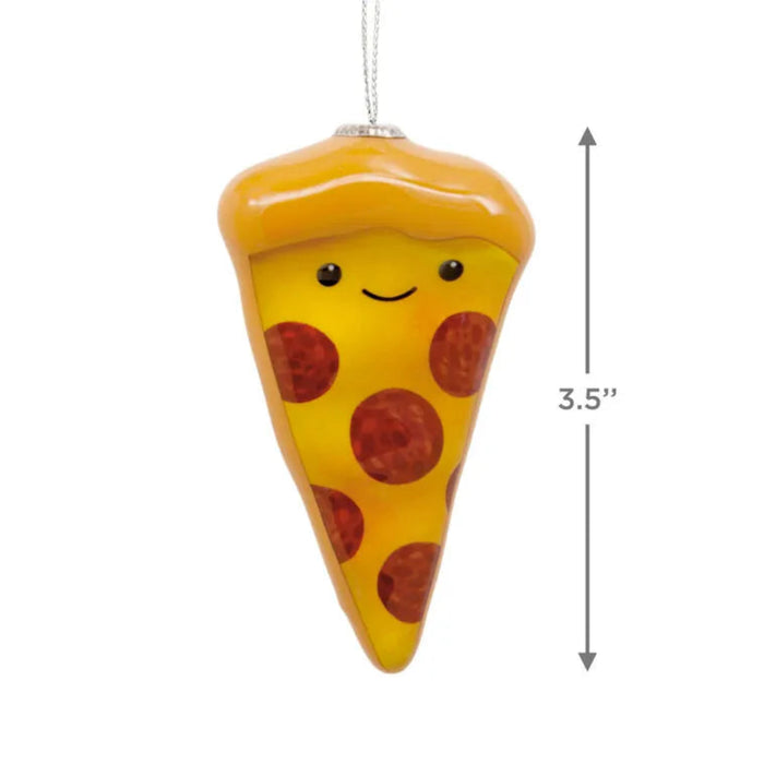 Resin Slice of Pepperoni Pizza Hallmark Ornament with product dimensions on a white background. 