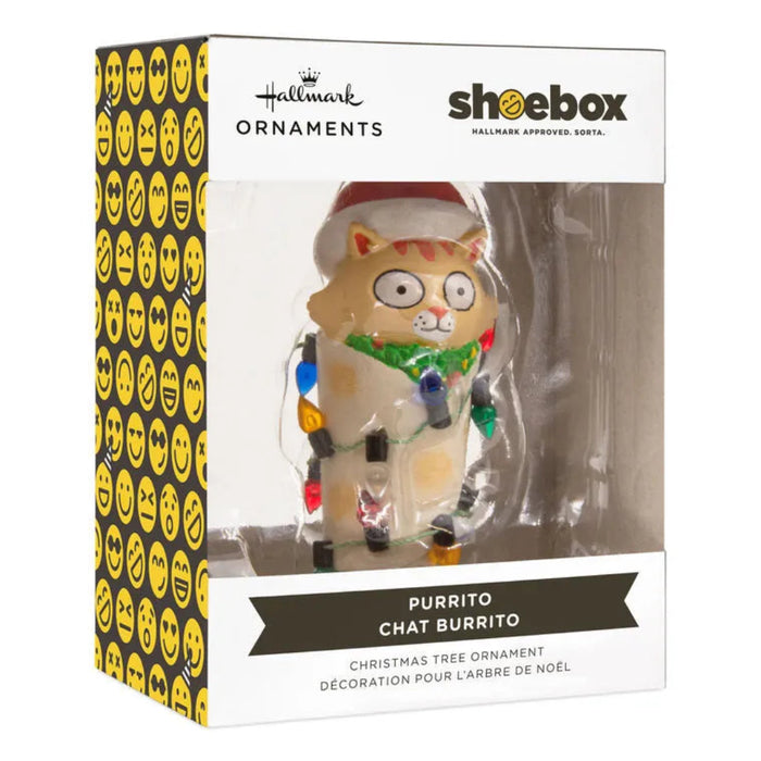 Cat-shaped Christmas ornament in a 'Shoebox' packaging with Hallmark branding on a white background .