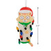 Cat Christmas ornament with Santa hat and lights, with a measurement label on a white background .