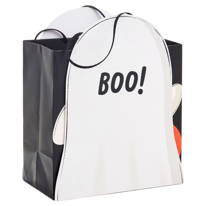 Halloween-themed gift bag with 'BOO!' text on a white background