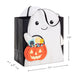 Halloween-themed gift bag with ghost and pumpkin design, featuring measurements.