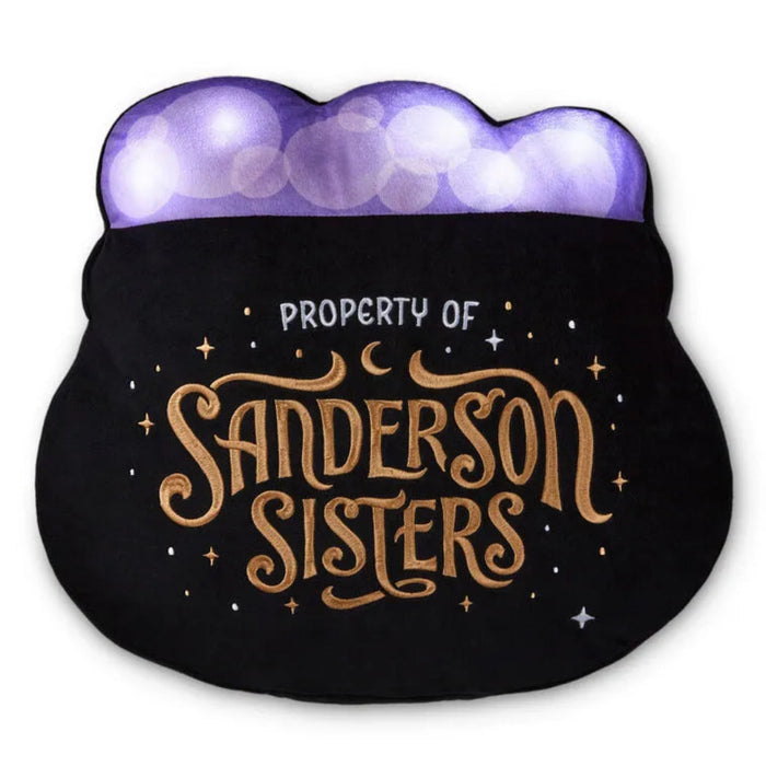 Black plushy pillow with lights and  'Property of Sanderson Sisters' text and purple top on a white background