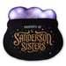 Black plushy pillow with lights and  'Property of Sanderson Sisters' text and purple top on a white background
