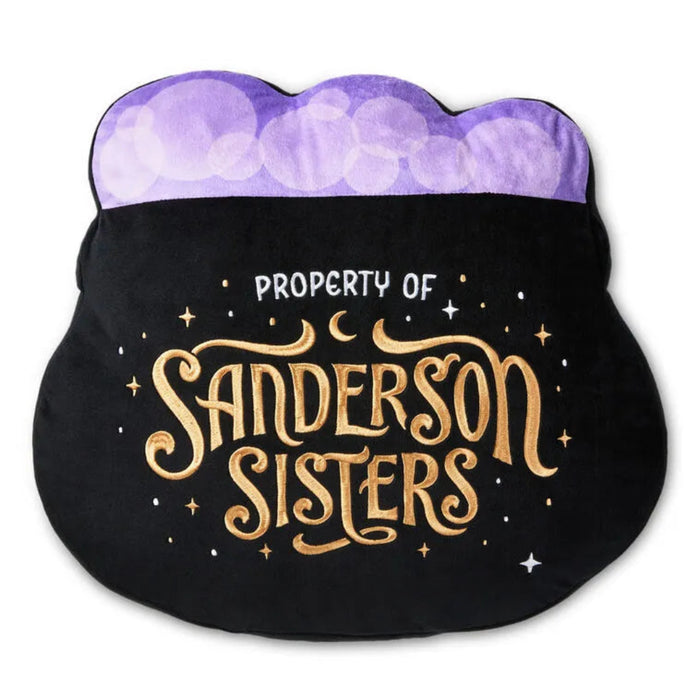 Black plushy pillow with lights and  'Property of Sanderson Sisters' text and purple top on a white background