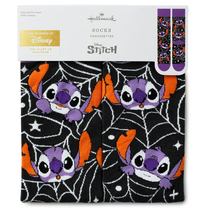 Hallmark Disney Stitch Spider Web Novelty Crew Socks featuring a fun Stitch design with spider web details in a festive Halloween-inspired style.