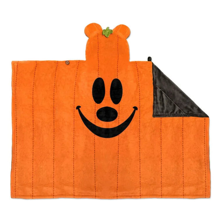 Hallmark Disney Mickey Mouse Jack-o'-Lantern Oversized Hooded Blanket 70x50 laid flat showing full design
