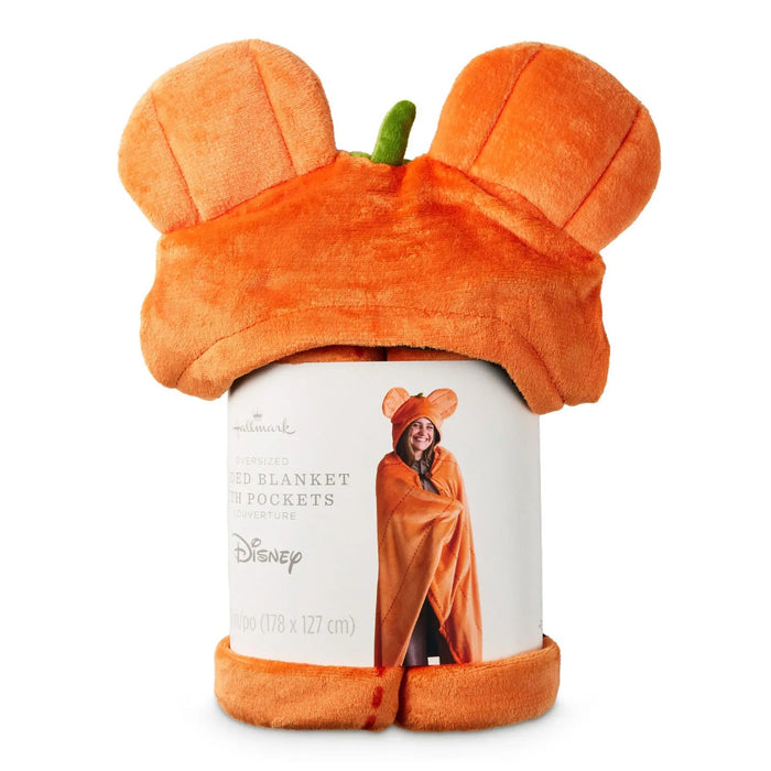 Hallmark Disney Mickey Mouse Jack-o'-Lantern Oversized Hooded Blanket 70x50 laid flat showing full design
