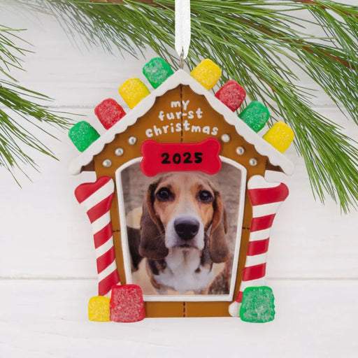 Decorative ornament shaped like a gingerbread house with a dog's first Christmas photo, featuring the year 2025, on a white background.