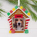 Decorative ornament shaped like a gingerbread house with a dog's first Christmas photo, featuring the year 2025, on a white background.