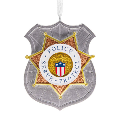 Decorative police badge ornament with 'Serve Protect' text on a white background