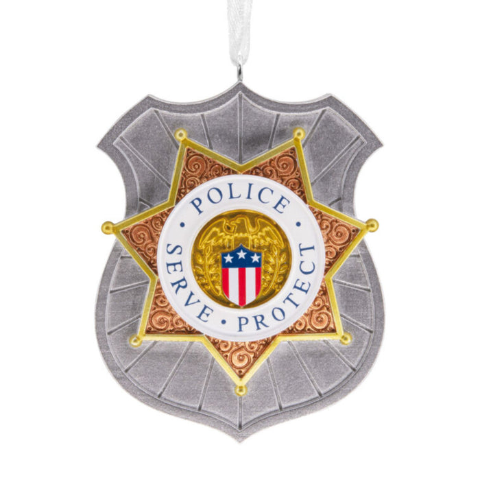 Decorative police badge ornament with 'Serve Protect' text on a white background