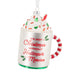 Decorative ornament shaped like a mug with whipped cream, candy canes, and a quote about Hallmark movies.