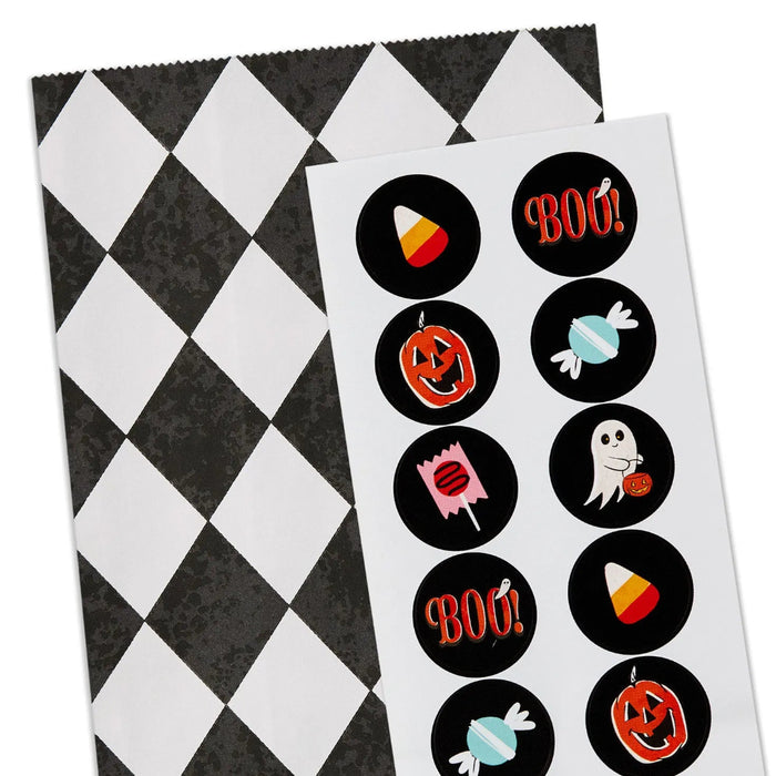 Hallmark Black Checkered Halloween Paper Goodie Bags with Stickers, Pack of 13
