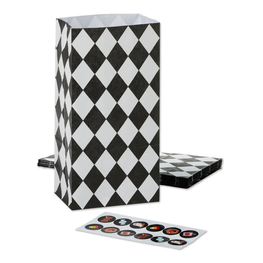 Hallmark Black Checkered Halloween Paper Goodie Bags with Stickers, Pack of 13
