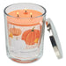  Hallmark Three-wick candle in a glass jar with a pumpkin design label, on a white background.