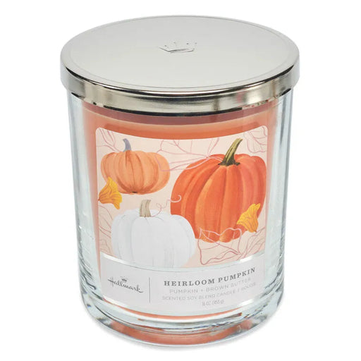 Hallmark 3 wick Candle jar with pumpkin design and silver lid on a white background