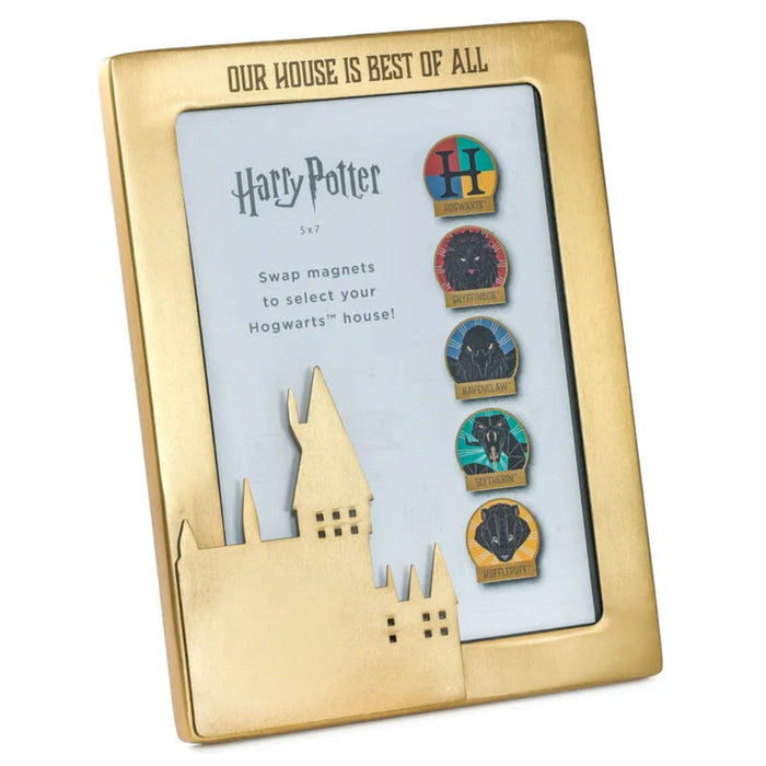 Set of Harry Potter Hogwarts house magnets in a gold frame with castle design