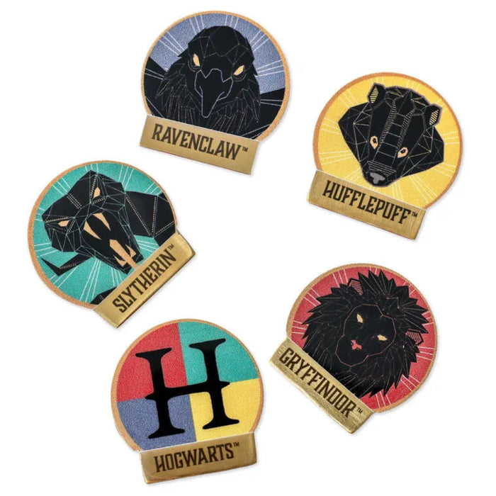 Five Hogwarts house emblems with house names on a white background