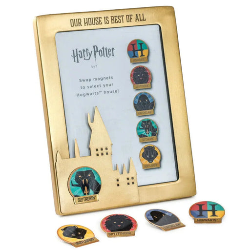 Set of Harry Potter-themed house magnets in a gold frame with Hogwarts castle design.