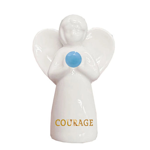 White angel figurine with a blue circle and 'COURAGE' text on a white background