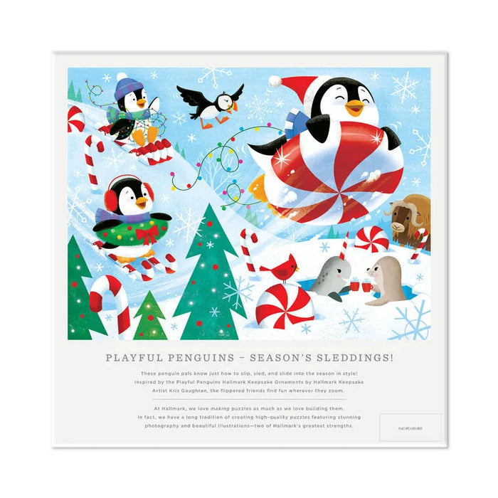 Back of puzzle box Illustration of penguins and other animals in a festive scene with candy canes and trees.