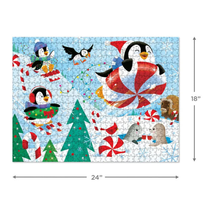 Christmas-themed puzzle with penguins and winter elements, featuring dimensions on a white background.