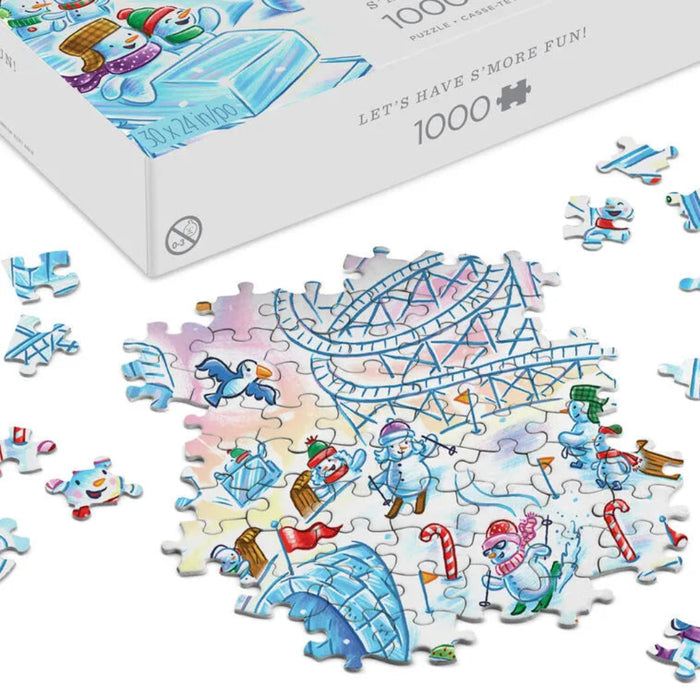 Puzzle with  snowman winter-themed design and box in the background