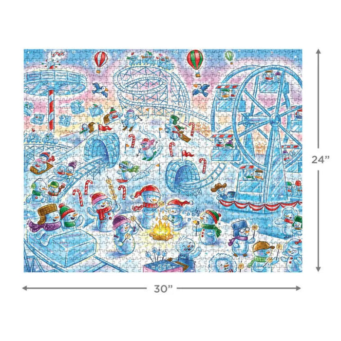 Box of a 1000-piece Hallmark puzzle featuring snowmen enjoying a festive winter theme park with rides, sleds, and candy canes.