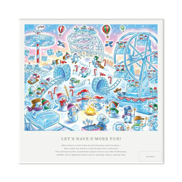 Colorful 1000-piece jigsaw puzzle featuring a whimsical winter theme park scene with cheerful snowmen sledding, candy canes, snowy tracks, and festive holiday decorations. A cozy setting with a mug and popcorn adds warmth and charm.